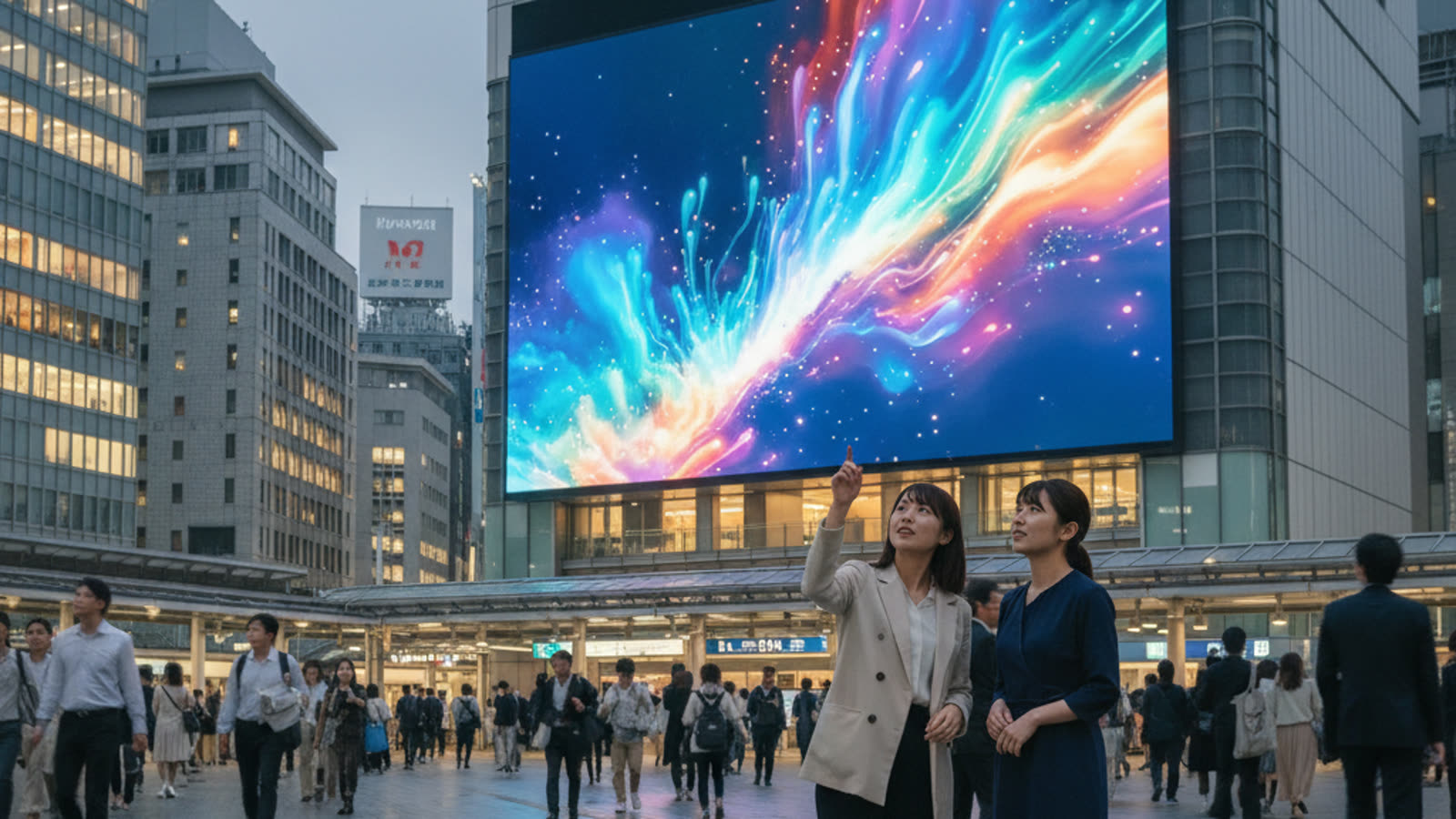 夕暮れの駅前広場で、ビル壁面の大型ビジョンを見上げながら並んで話し合う若い女性2人と、その後ろを行き交う通行人(記事用に生成したイメージ画像)