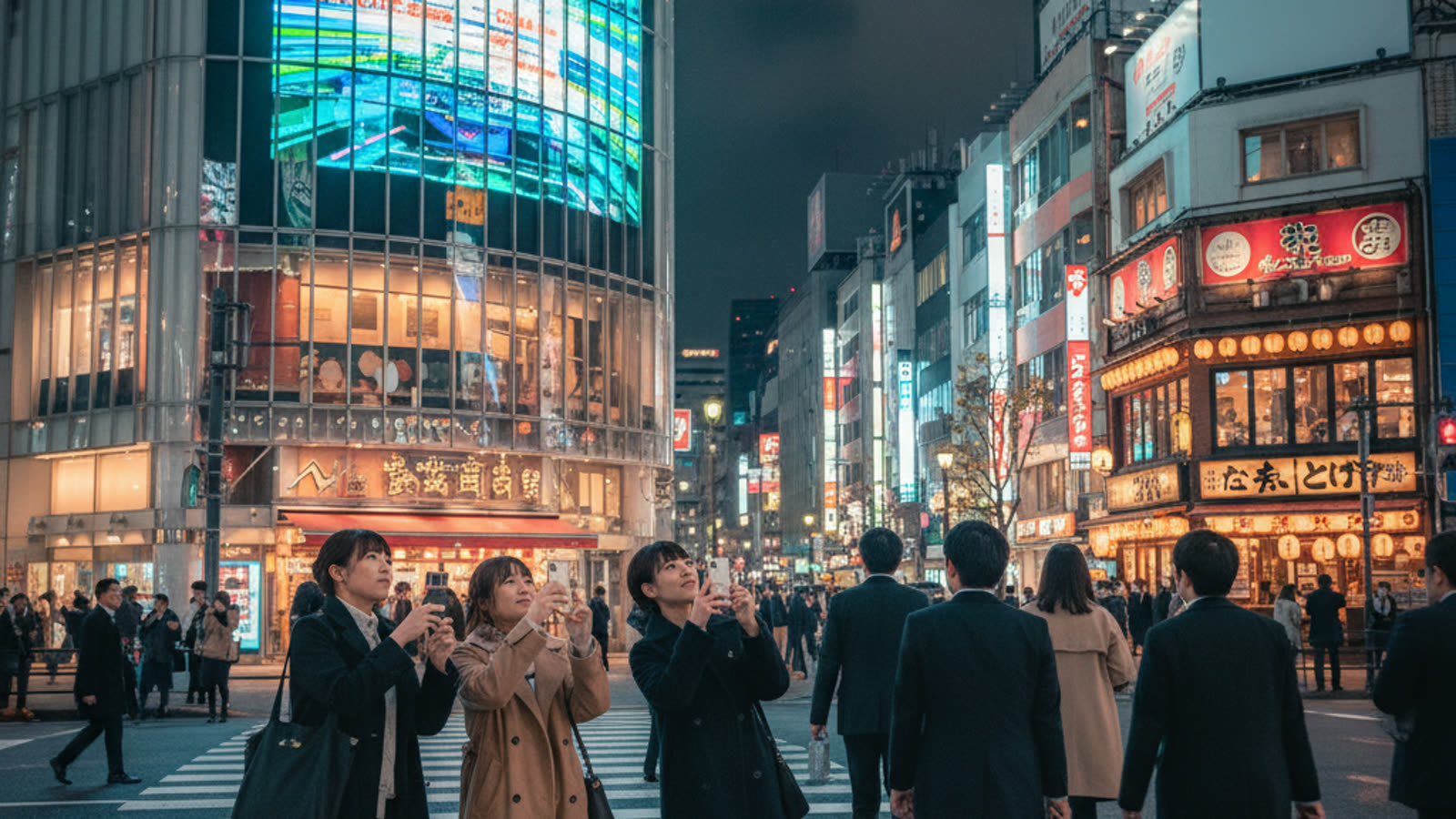 夜の繁華街の交差点で、ビル壁面の大型ビジョンを見上げてスマートフォンを掲げる若い人たちと、その脇を通り過ぎる会社帰りの人々、向かいの飲食店の明かりが写る実写風の情景(記事用に生成したイメージ画像)